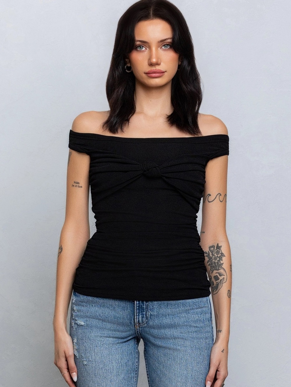 Off-Shoulder Knot Front Black Women's Top